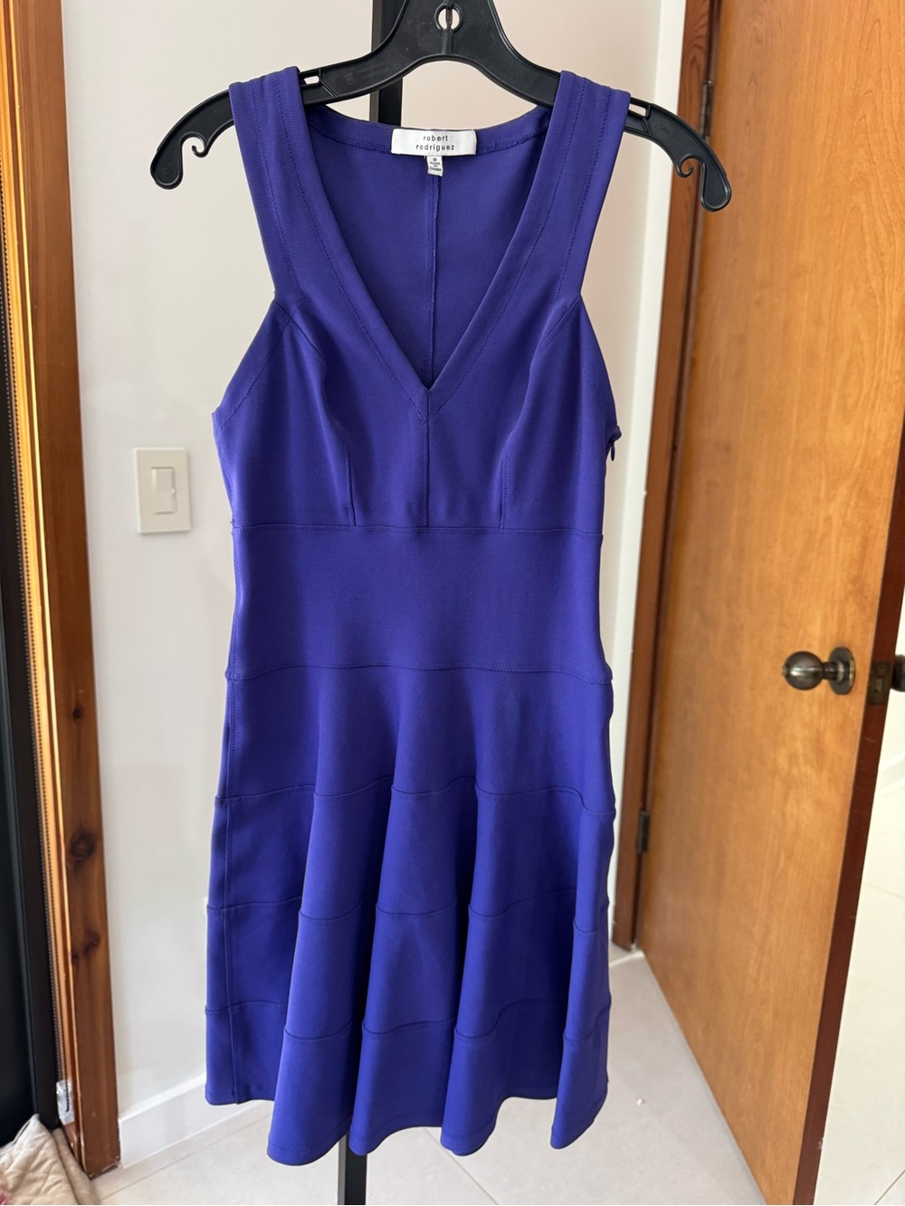 Robert Rodriguez Banded Purple V-Neck Fit-and-Flare Dress